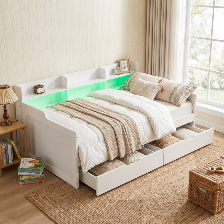 White Wooden Single Daybed Storage with 2 Wheeled Drawers and LED Light 90x190cm WOODWARDROBE