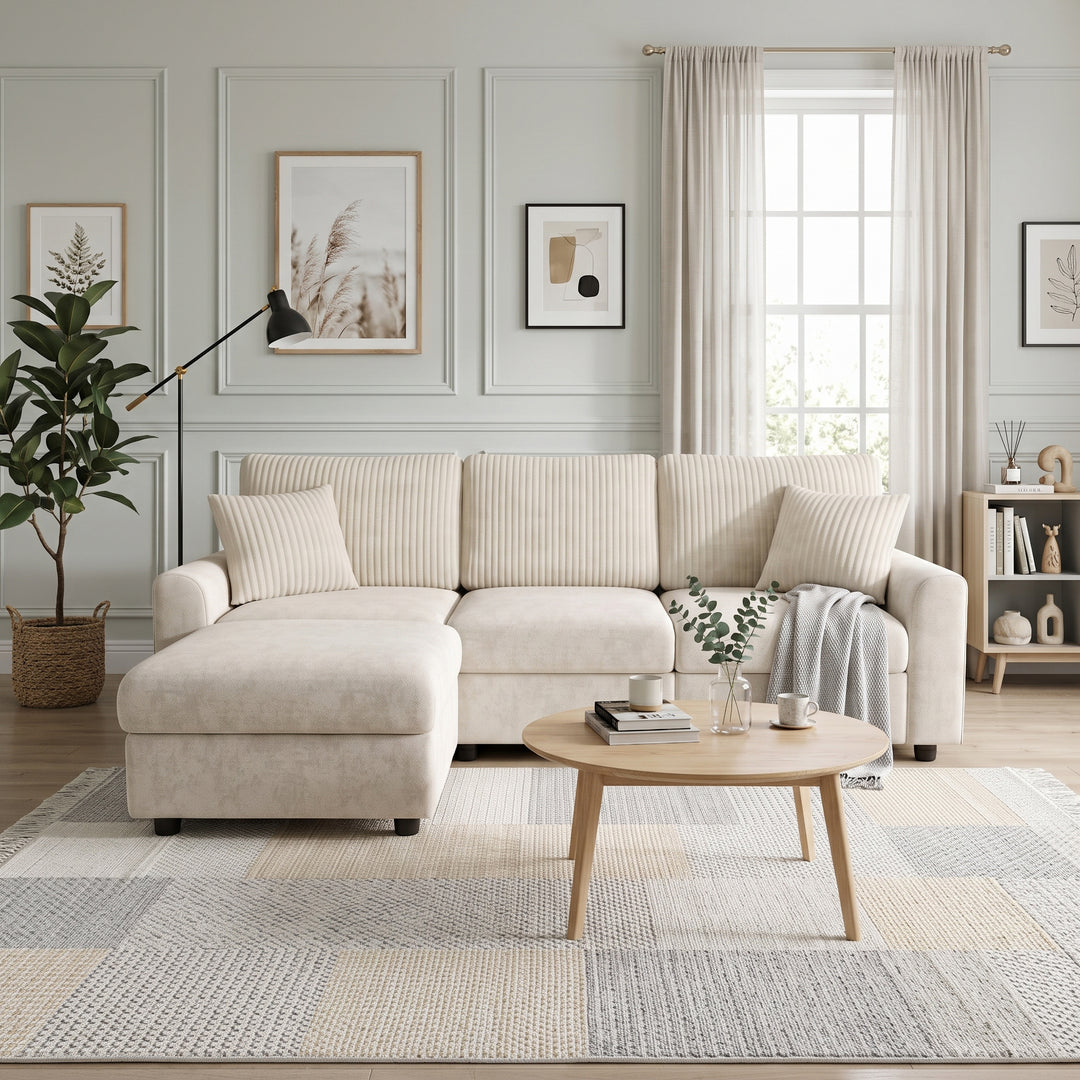 L-Shaped Sofa Beige Chenille and Corduroy with Footstool 223cm WOODPRO