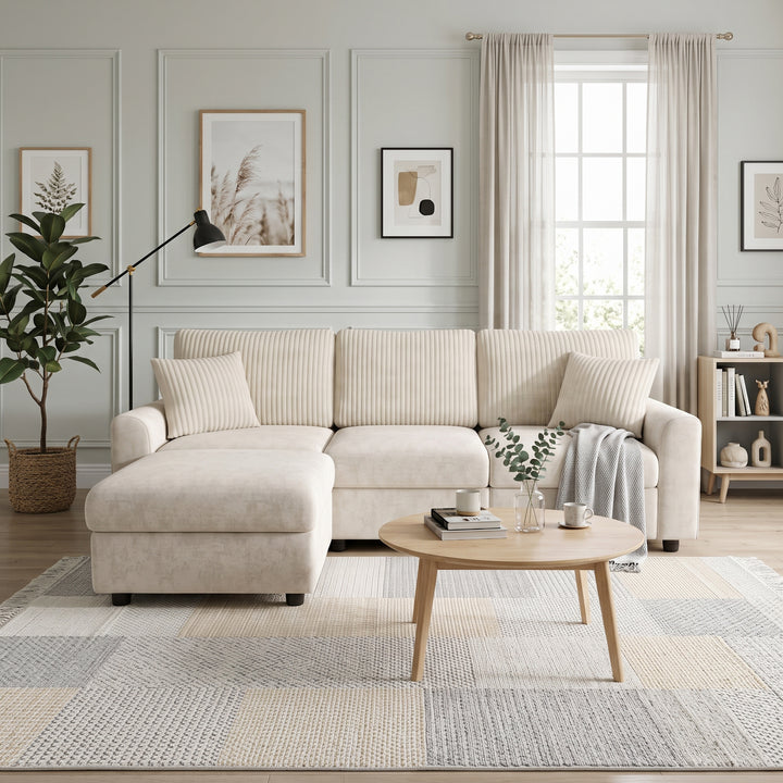 L-Shaped Sofa Beige Chenille and Corduroy with Footstool 223cm WOODPRO