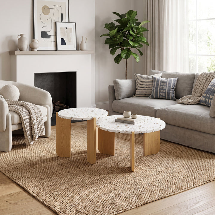 Set of 2 white marble look round nesting coffee table and wooden legs RACKAIR
