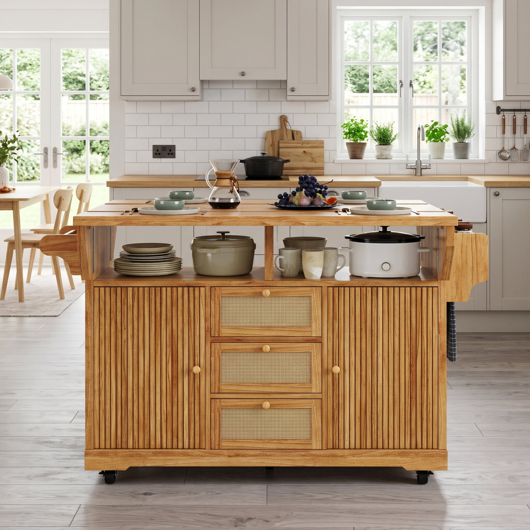 Kitchen Trolley Dark Brown Wooden with Folding Worktop & PE Rattan Drawers ARROWVASE
