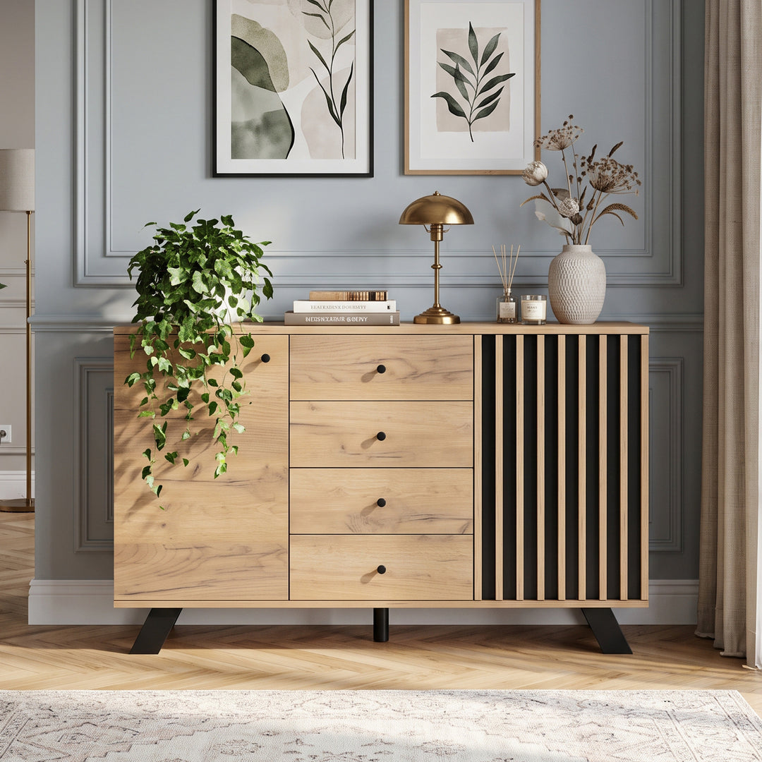 Oak Sideboard Cabinet with Black Stripe 4 Drawers & 2 Doors 120x38x75cm WOODCREDENZA