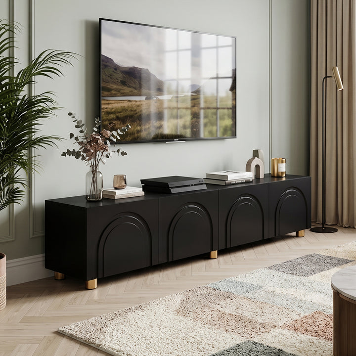 Black TV Cabinet with 4-Doors Arch Relief Storage 180cm TRITRUNK