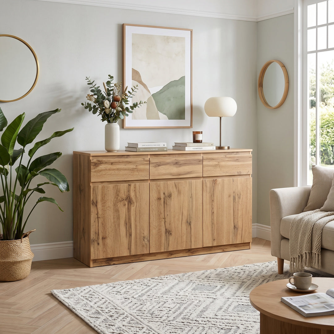 Oak Sideboard with 3 Drawers & 3 Doors 135cm WOODTRUNK