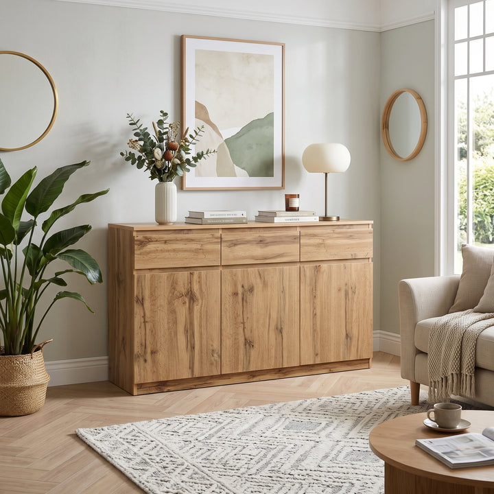 Oak Sideboard with 3 Drawers & 3 Doors 135cm WOODTRUNK