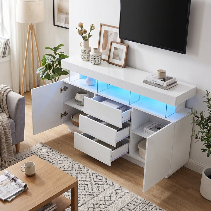 Modern White Sideboard 2 Doors 3 Drawers with LED Lights 140cm WOODMIRROR