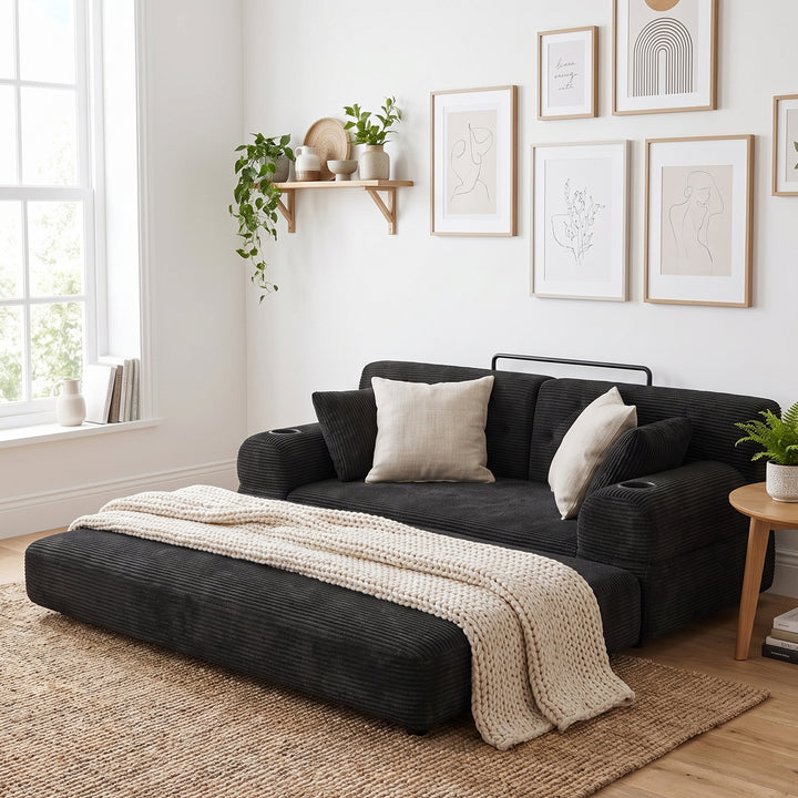 Contemporary Black Corduroy 2 Seaters Sofa Bed Convertible with Tufted Back and Cupholders WOODVANITY