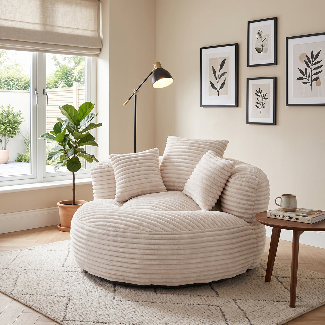 Large bean bag chair with 3 pillows, corduroy armchair, beige RACKZONE