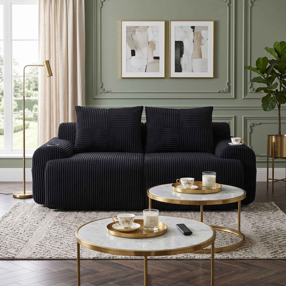 2-seater modular corduroy sofa, black with cup holders RACKGRAY