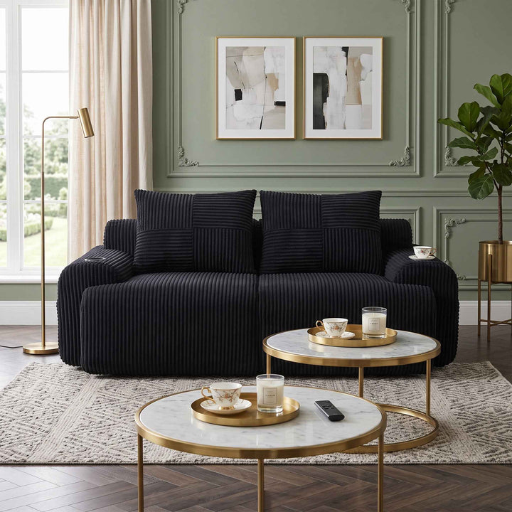 2-seater modular corduroy sofa, black with cup holders RACKGRAY