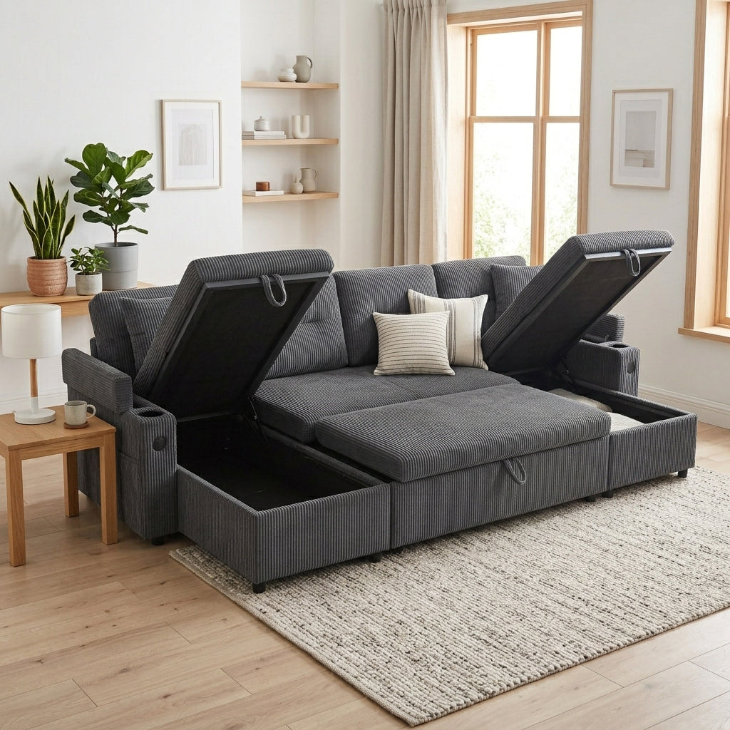 Luxury 4 Seater Grey Corduroy Convertible U-Shape Sofa with Dual Storage Chaises, Cup Holders and USB-C