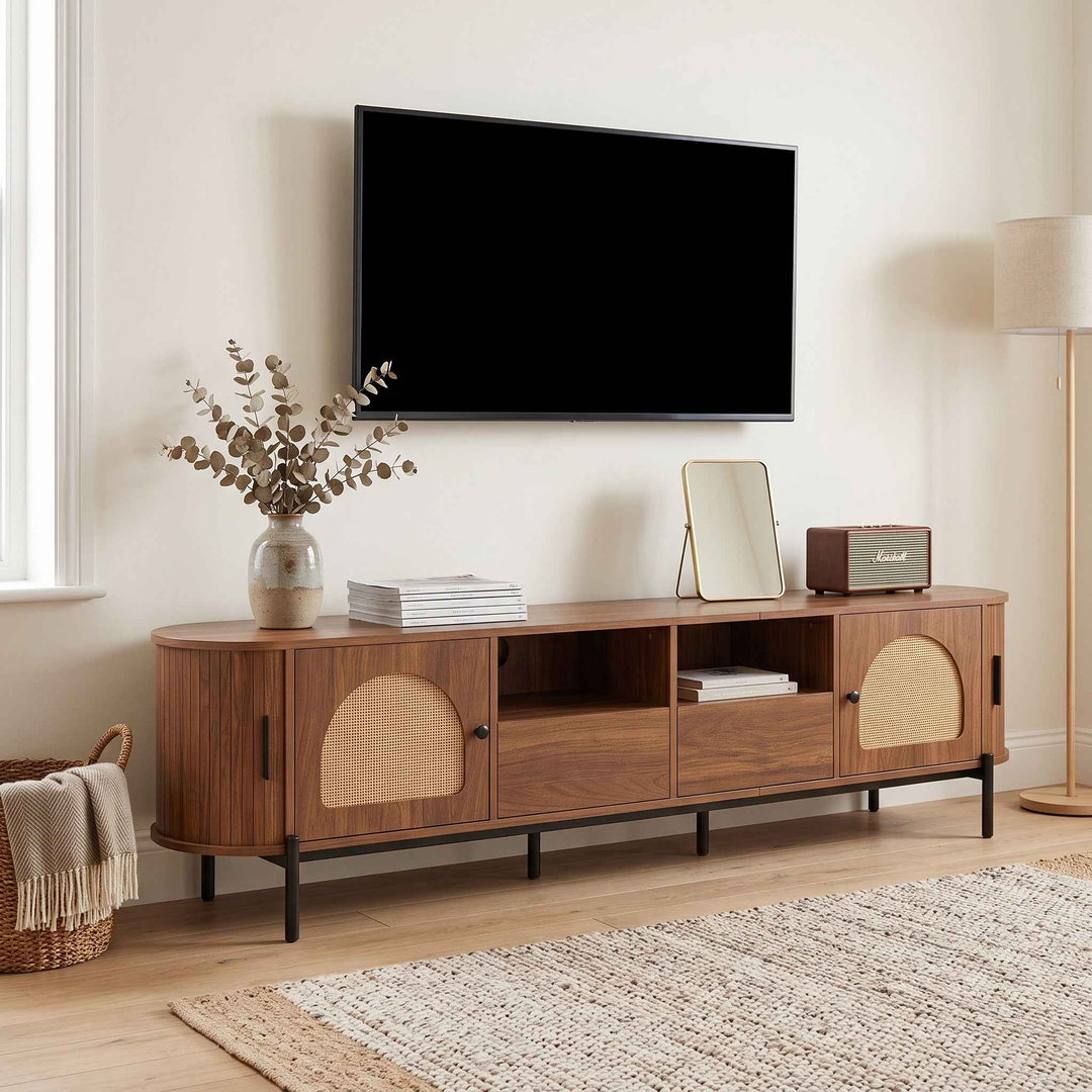 Vintage walnut TV cabinet with rattan doors drawers open storage RACKFLEX