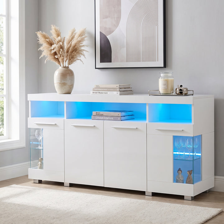 White high gloss sideboard cabinet with LED lights and glass shelves 140x40x70cm QUADSCREEN