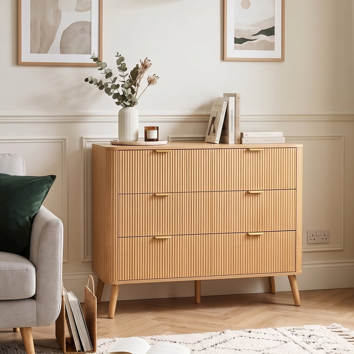 3-Drawer Scandinavian Oak-look Sideboard with Fluted Fronts 100cm ARROWDESK