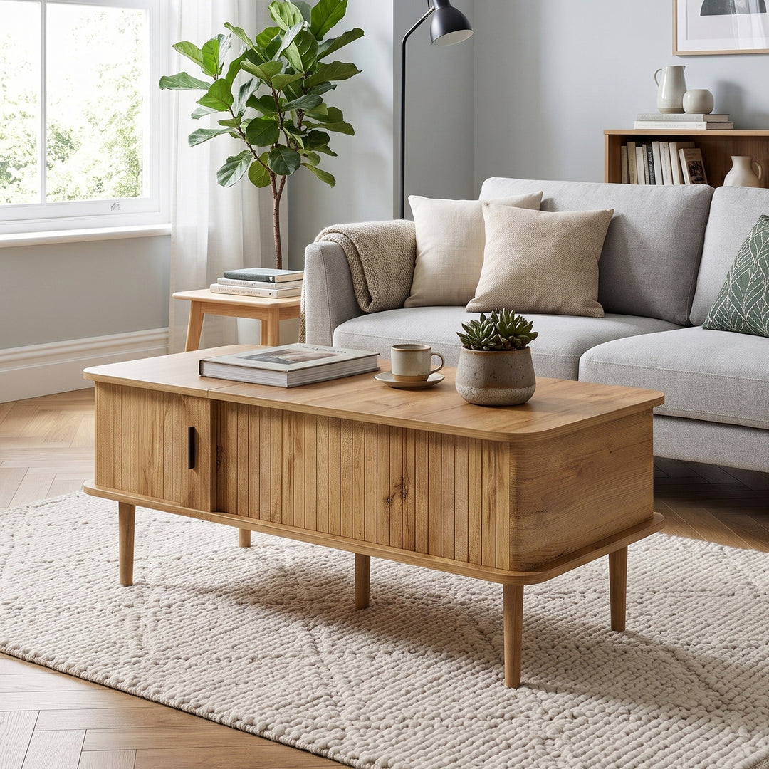 Retro Lift-Top Natural Wooden Look Coffee Table with 3D Wave 95cm ARROWLAMP