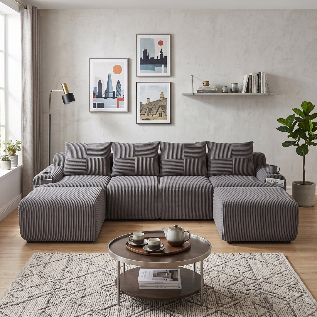 4-seaters modular corduroy sofa with 2 ottomans, dark grey RACKONE
