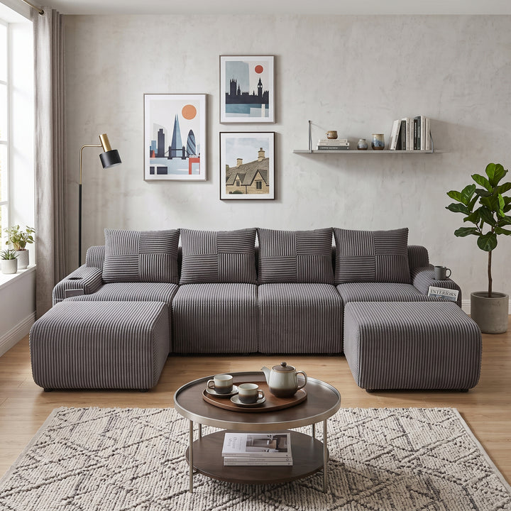 4-seaters modular corduroy sofa with 2 ottomans, dark grey RACKONE