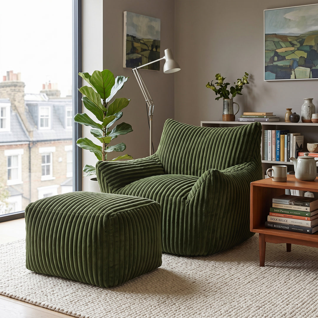 Green corduroy bean bag chair with footstool, comfy lounge seat QUADTHROW