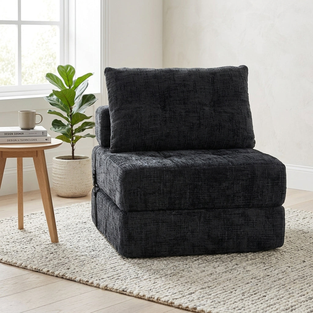 Compact Black Upholstered Folding Sleeper Chair with Straps WOODDESK