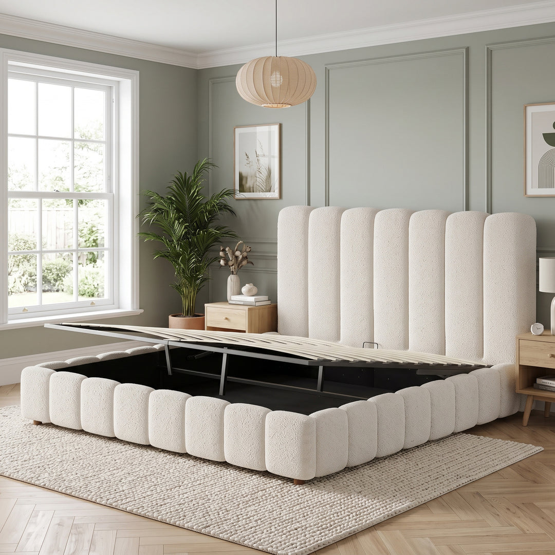 White Bouclé Super King Ottoman Bed & with Storage & Padded Headboard 180x200cm WOODROOM