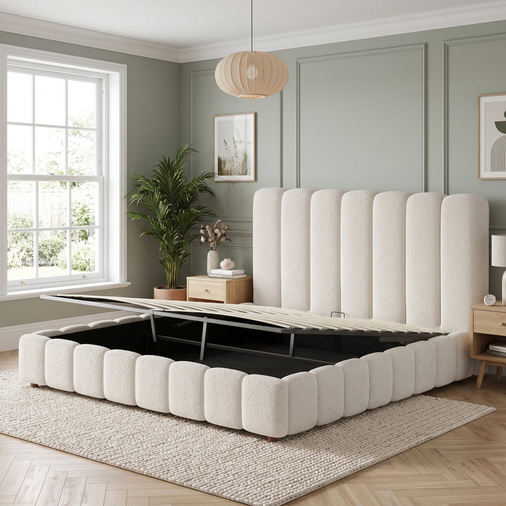White Bouclé Super King Ottoman Bed & with Storage & Padded Headboard 180x200cm WOODROOM