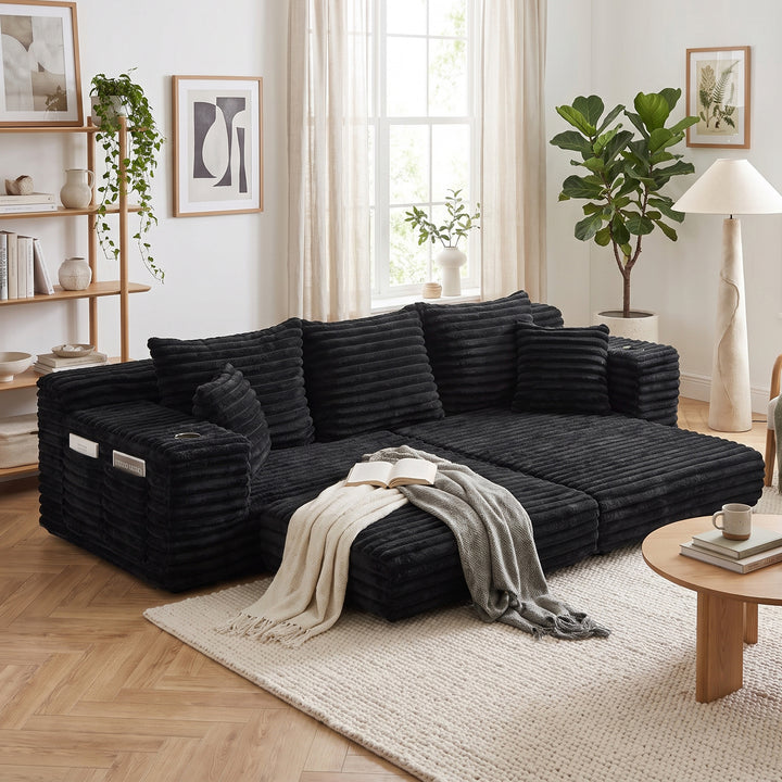 Luxury Black Ribbed Velvet 3-Seater Sofa Bed Convertible with Cupholders and Side Pockets WOOLCART