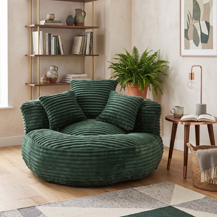 Large bean bag chair with 3 pillows, corduroy armchair, green RATTANBASKET
