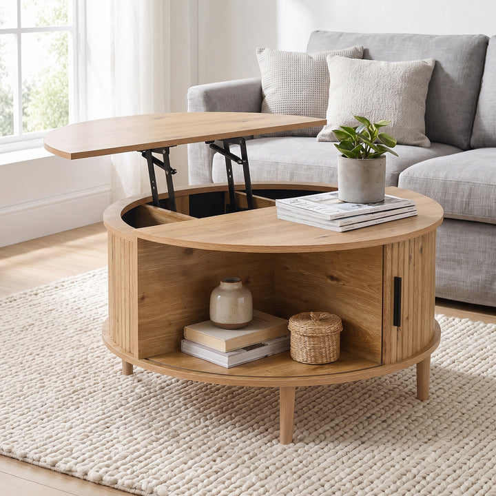 Oak Lift-Top Round Coffee Table with Storage and Sliding Door 80 cm WOODCUSHION