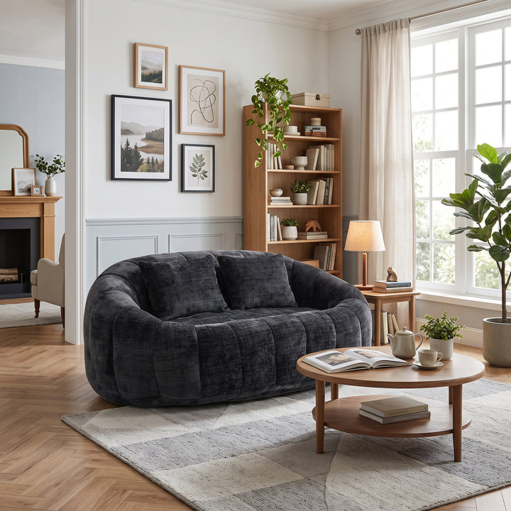 Contemporary Black Chenille Curved Barrel Chair and Cuddle Lounger with 2 Pillows WOOLCHEST