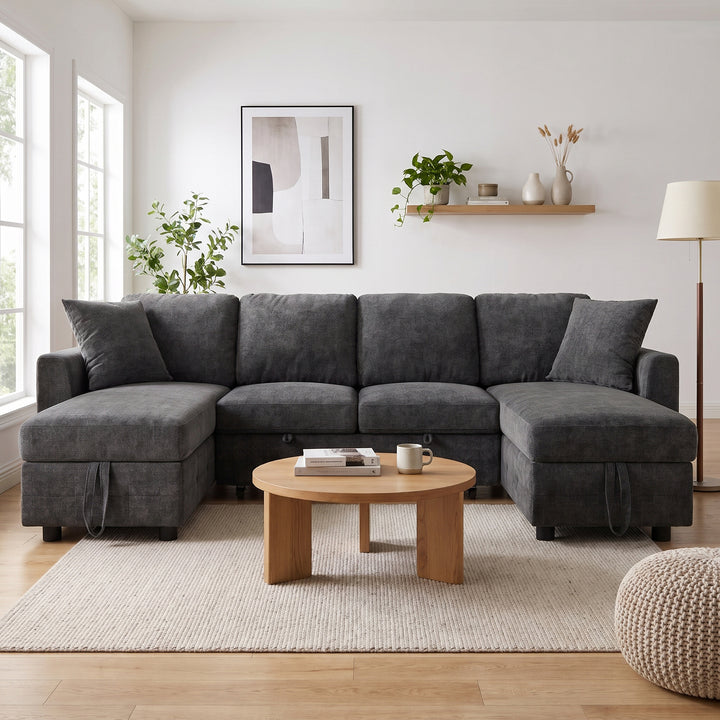 U-Shaped Sectional Sofa Grey Chenille with Pull-Out Bed &amp; 2 Storage Chaises 260cm ARROWCABINET