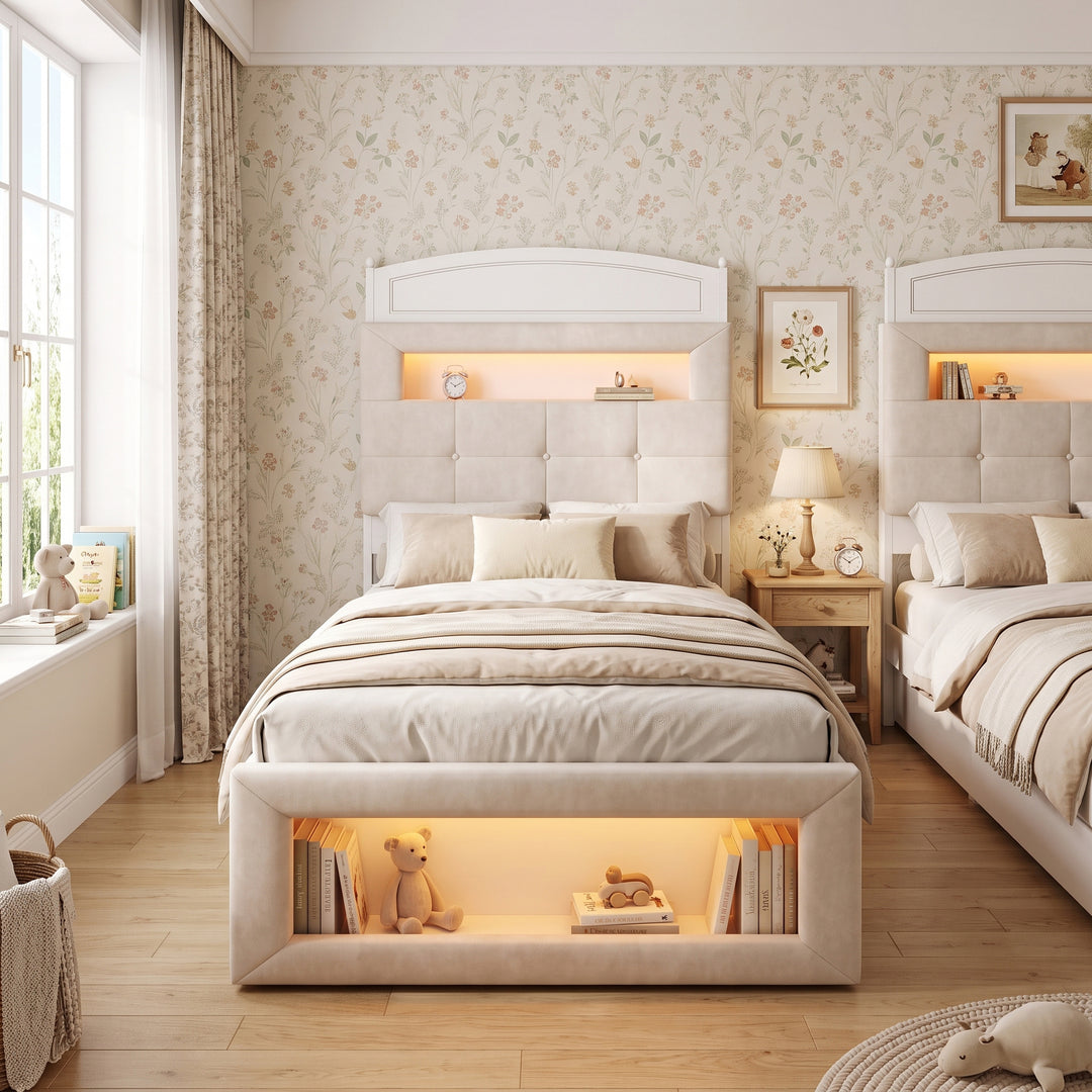 White Cream Velvet Single Bed Frame with Storage Headboard, Footboard & LED Lights 90x190cm WOODNIGHTSTAND
