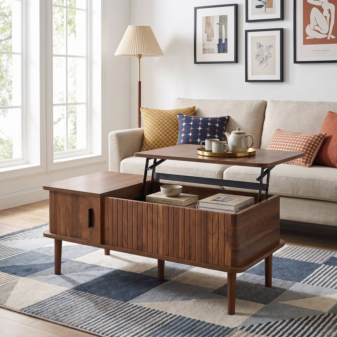 Walnut Lift-Top Coffee Table with Storage and Sliding Door 100cm WOODBOX