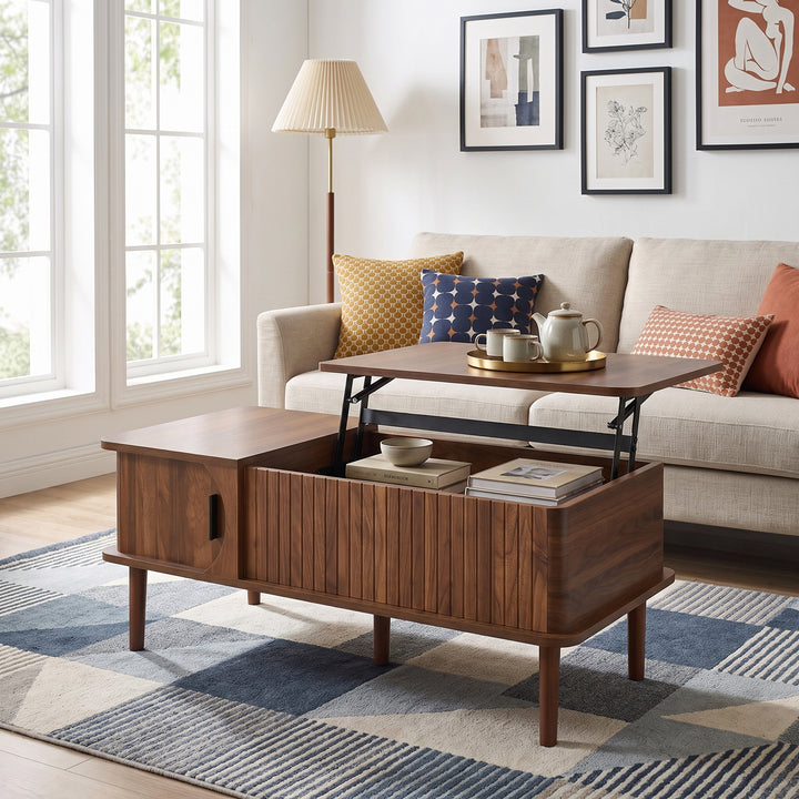 Walnut Lift-Top Coffee Table with Storage and Sliding Door 100cm WOODBOX