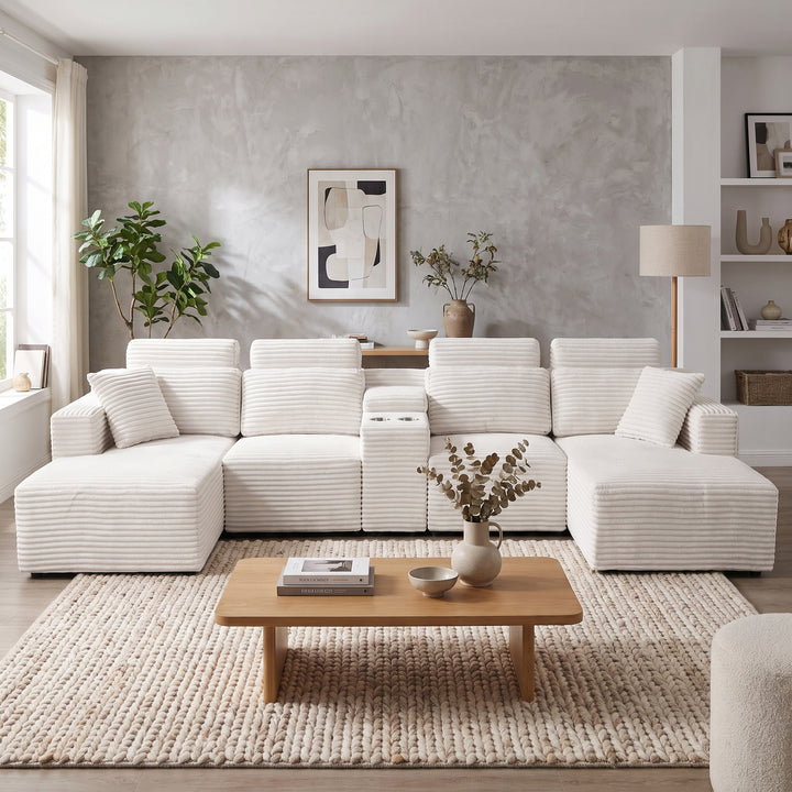 Corduroy U-Shaped Sectional 4–6 Seater Sofa with Dual Chaises, Modular Couch with Console and Cup Holders 370cm ARROWBED