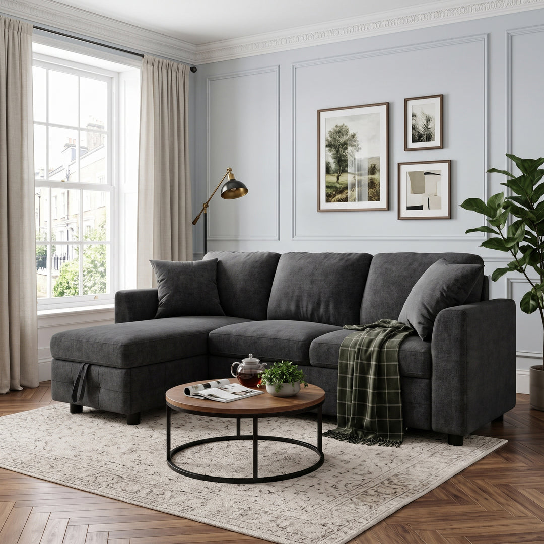 L-Shaped Corner 3-Seater Sofa Bed Grey Chenille with Storage Chaise and USB Charging 200cm ARROWCHEST