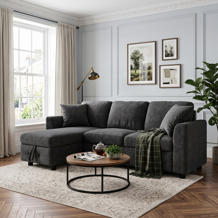L-Shaped Corner 3-Seater Sofa Bed Grey Chenille with Storage Chaise and USB Charging 200cm ARROWCHEST