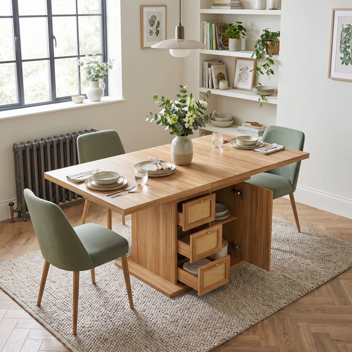 Wooden Extendable Dining Table with 3 Drawers and Cupboard 110–140cm ARROWWARDROBE