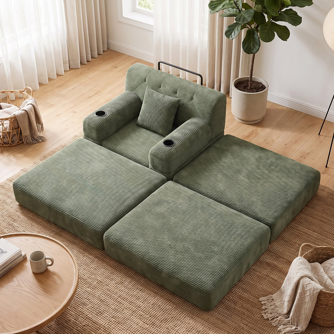 Contemporary Green Corduroy Lounger Convertible with Tufted Back and Cupholders WOOLCABINET