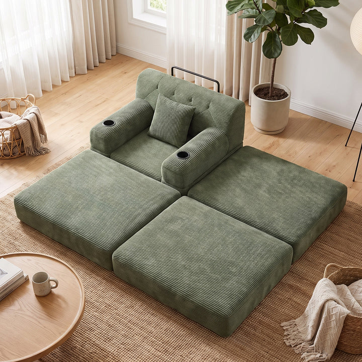 Contemporary Green Corduroy Lounger Convertible with Tufted Back and Cupholders WOOLCABINET