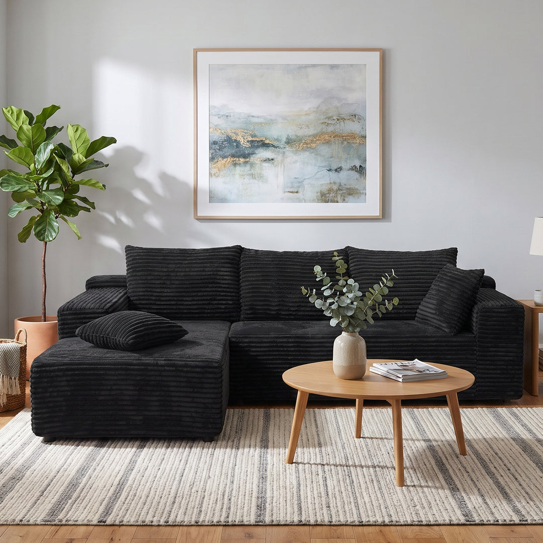 Black L-Shaped Sectional Sofa Corduroy with Deep Seat 237cm ARROWDRESSER