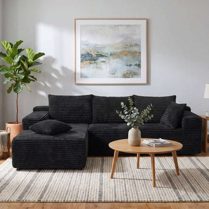 Black L-Shaped Sectional Sofa Corduroy with Deep Seat 237cm ARROWDRESSER