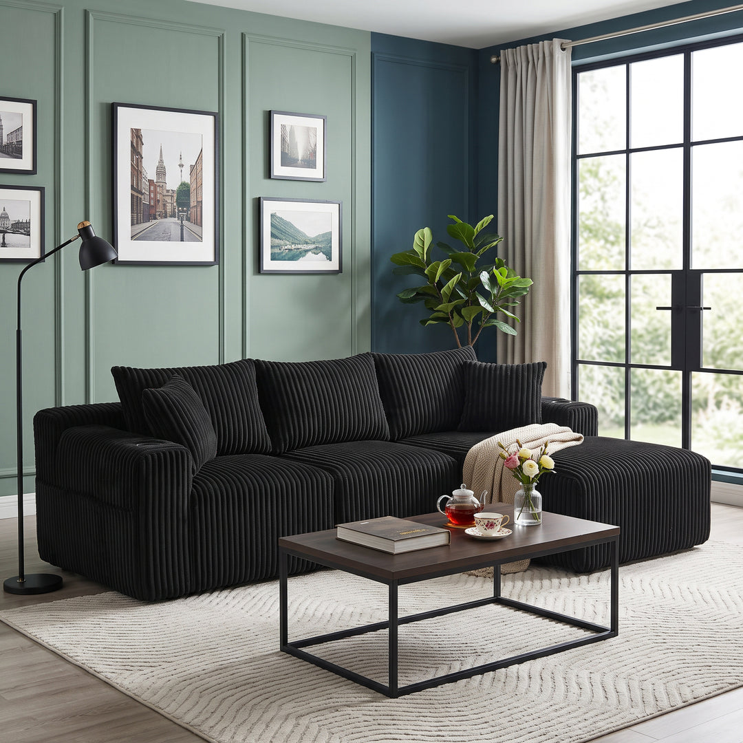 Black 3-Seater Corduroy L-Shaped Sectional Sofa with Chaise and Cup Holders WOOLCURTAIN