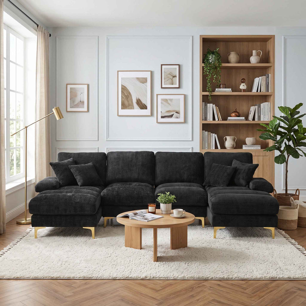 00+U-Shaped Sectional Sofa 272 cm Black Chenille Modular Double Chaise with Cushions WOOLDESK