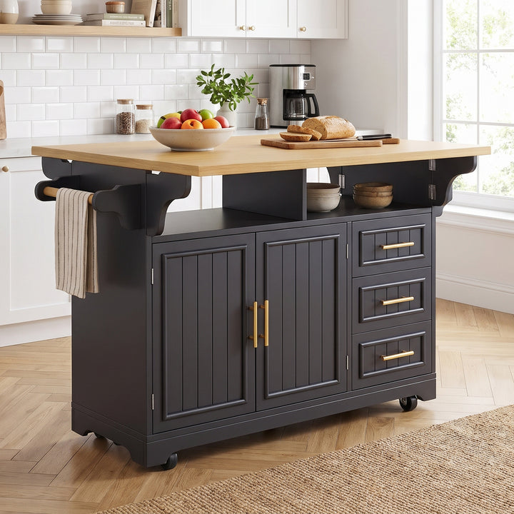 Black Kitchen Island on Castors with Fold-Out Worktop & Storage Drawers ARROWRACK