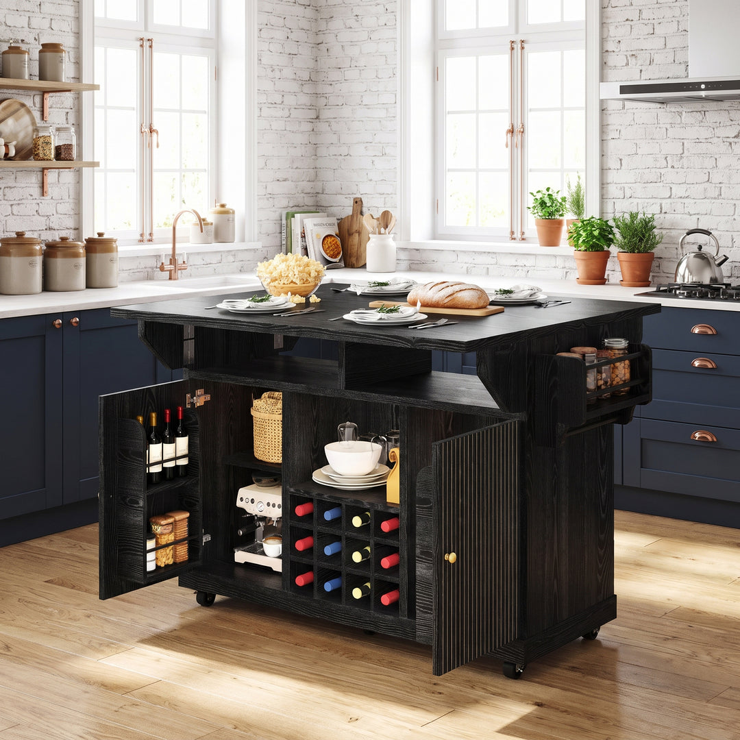 Black kitchen trolley with foldable dining table, wine rack and wheels RACKFLOW