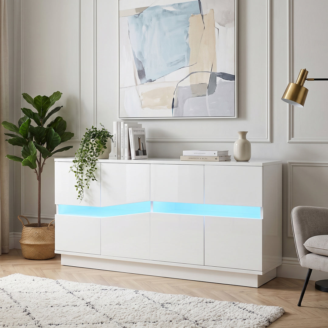 White High-Gloss Sideboard&nbsp;with 4 Doors & LED Lighting 140cm WICKERTABLE