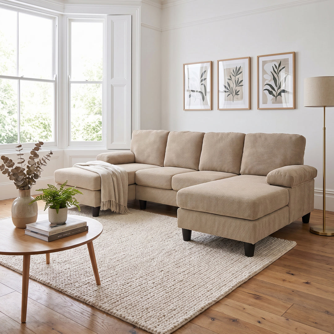 Modern Beige Camel Fabric U-Shaped Sectional Sofa with Dual Chaises 264cm WOODTRAY