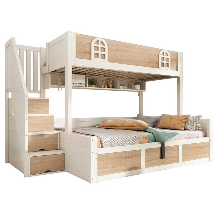 White wooden bunk beds with staircase and storage 90x190cm +135x190cm FOCUSIAL