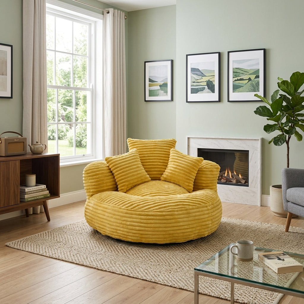 Large bean bag chair with 3 pillows, corduroy armchair, yellow RATTANARMOIRE