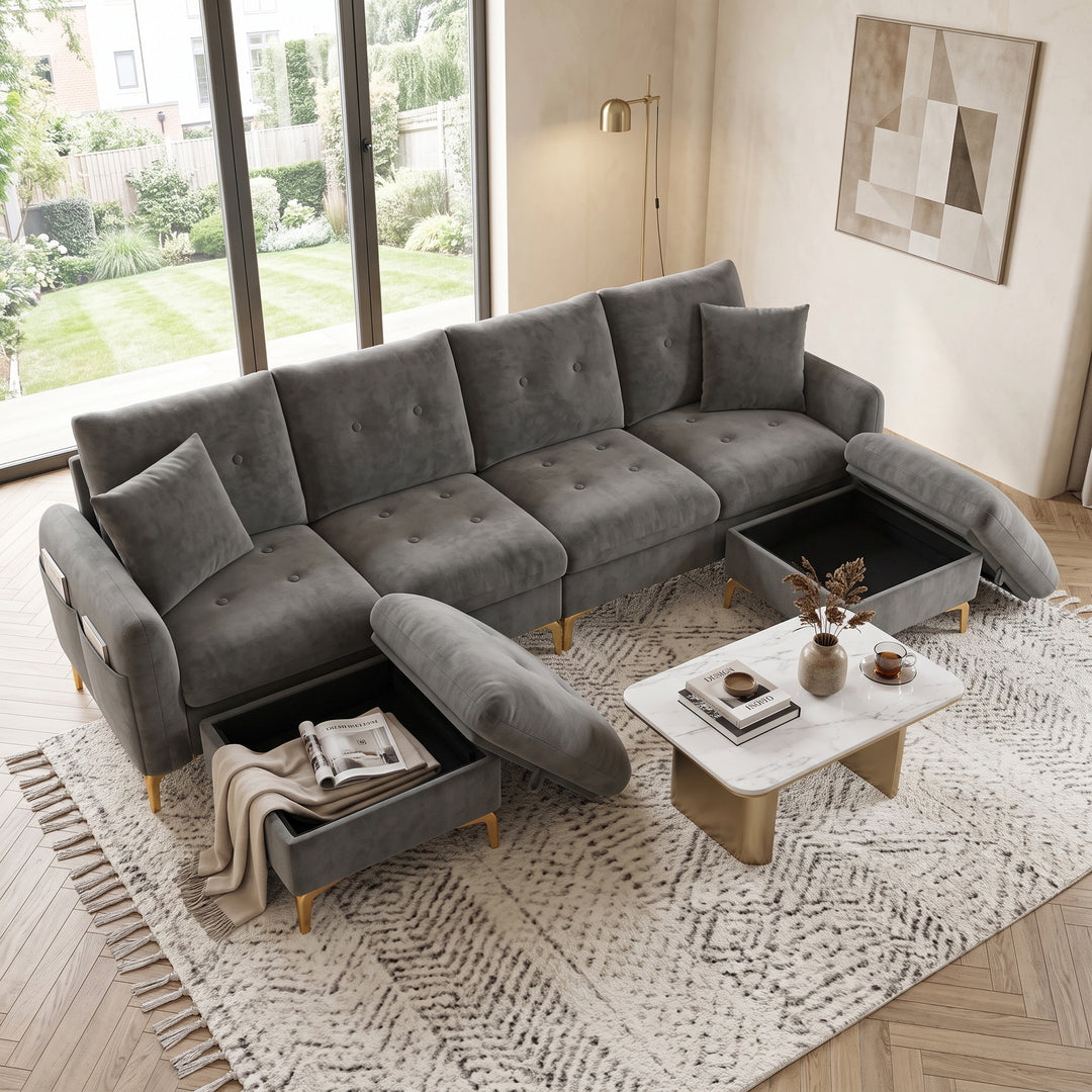 U-shaped tufted 4-seater modular sofa with 2 storage ottomans, chenille grey and golden legs QUADSHELF